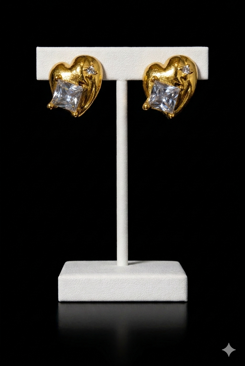 Golden Heart Crystal Stud Earrings